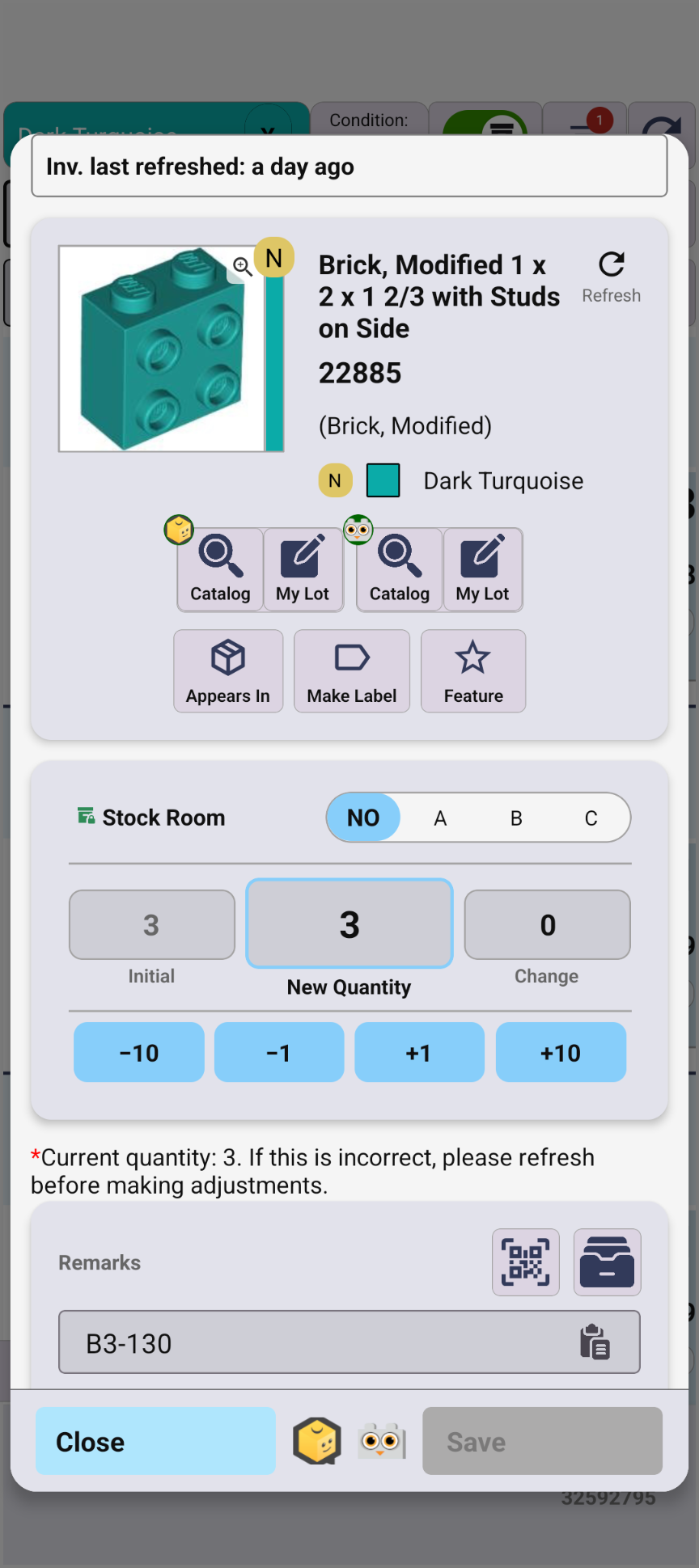 Inventory item detail screen for adjusting quantity and remarks