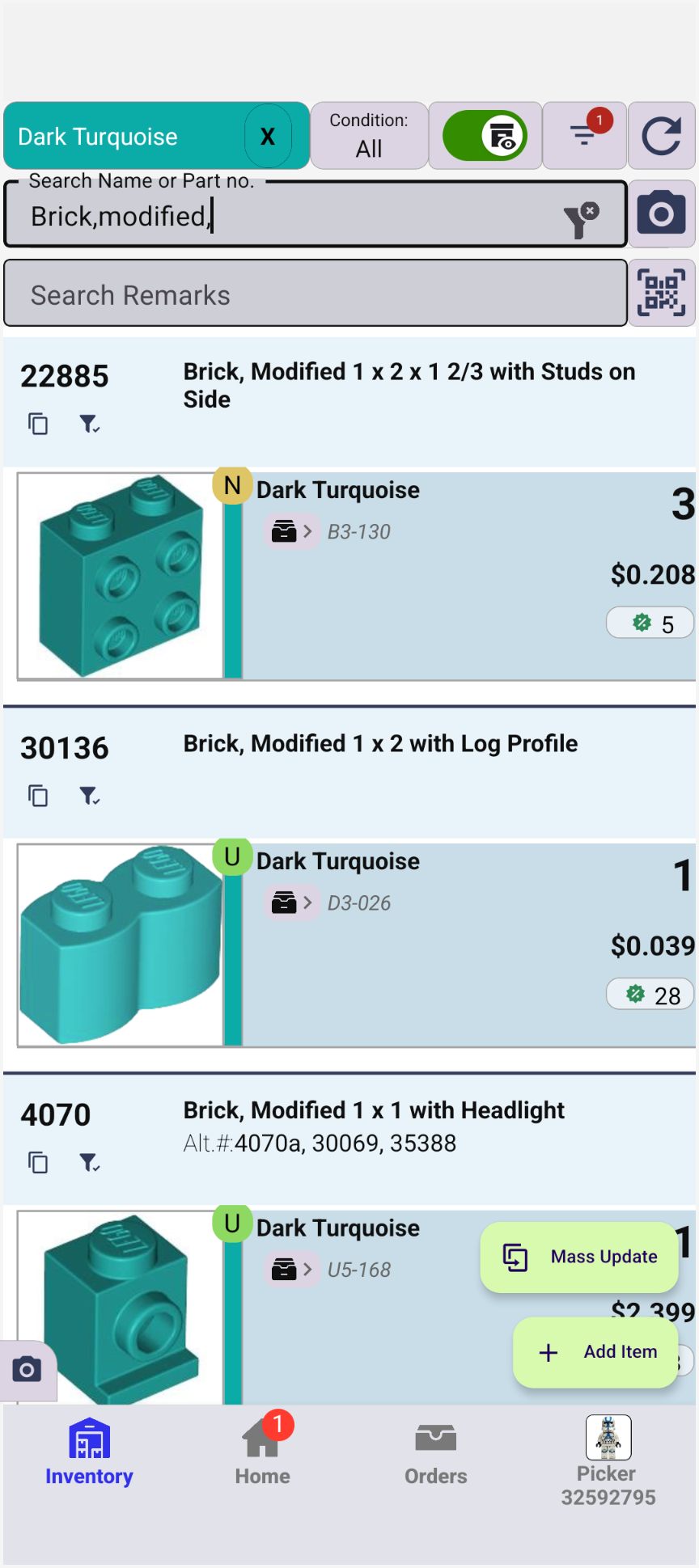 Inventory search screen filtered by part and color