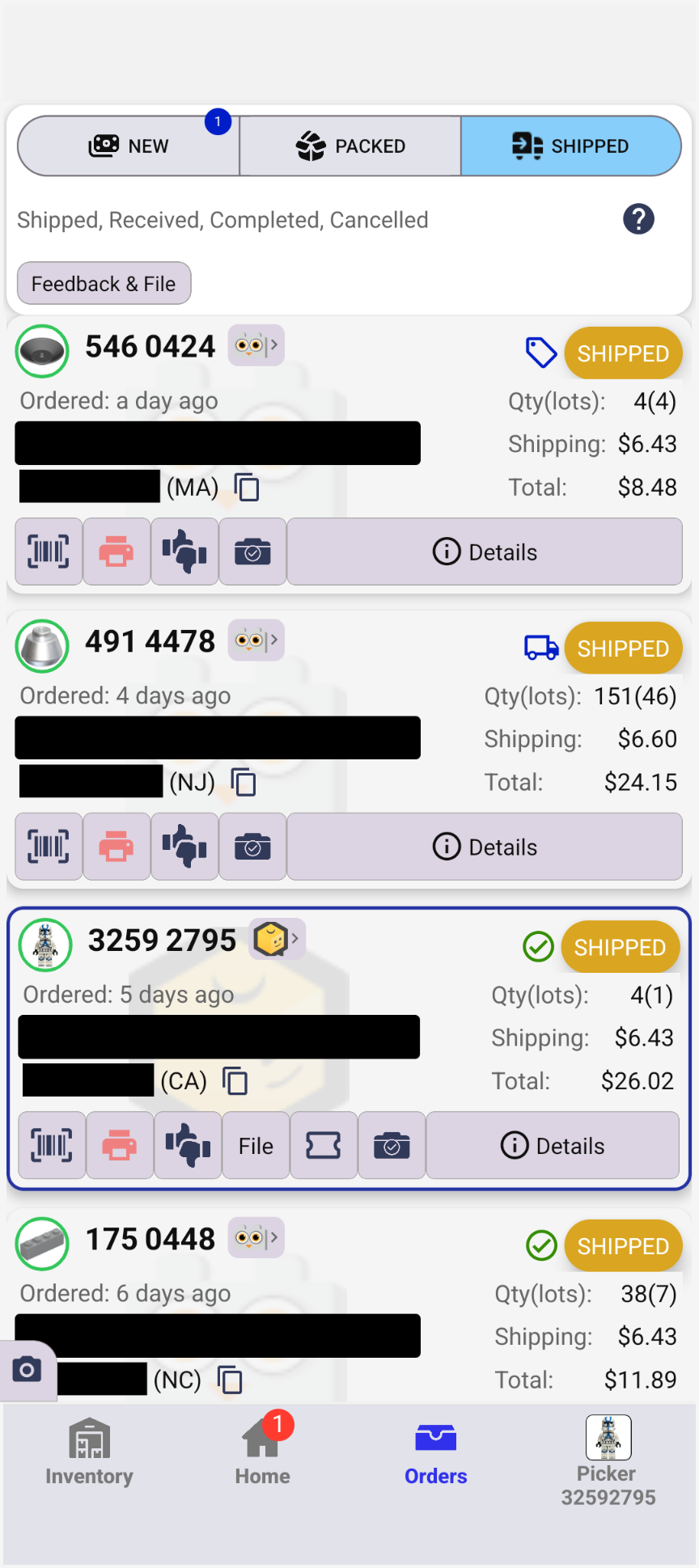 Orders screen with New, Packed, and Shipped tabs and per-order shipping details