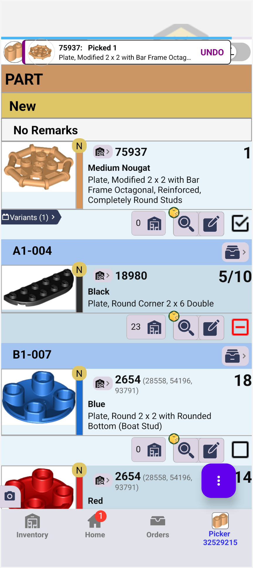 Picking screen showing parts picked against remarks and locations